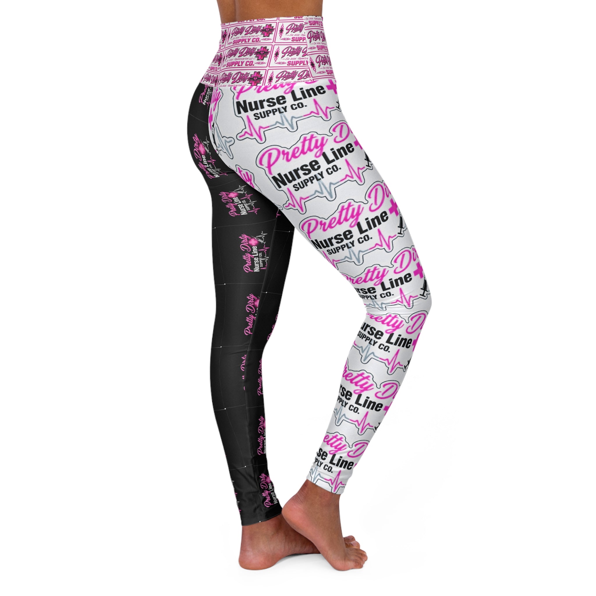 Pretty Nurse Support High-Waisted Yoga Leggings - Pink & Black All-Over Print