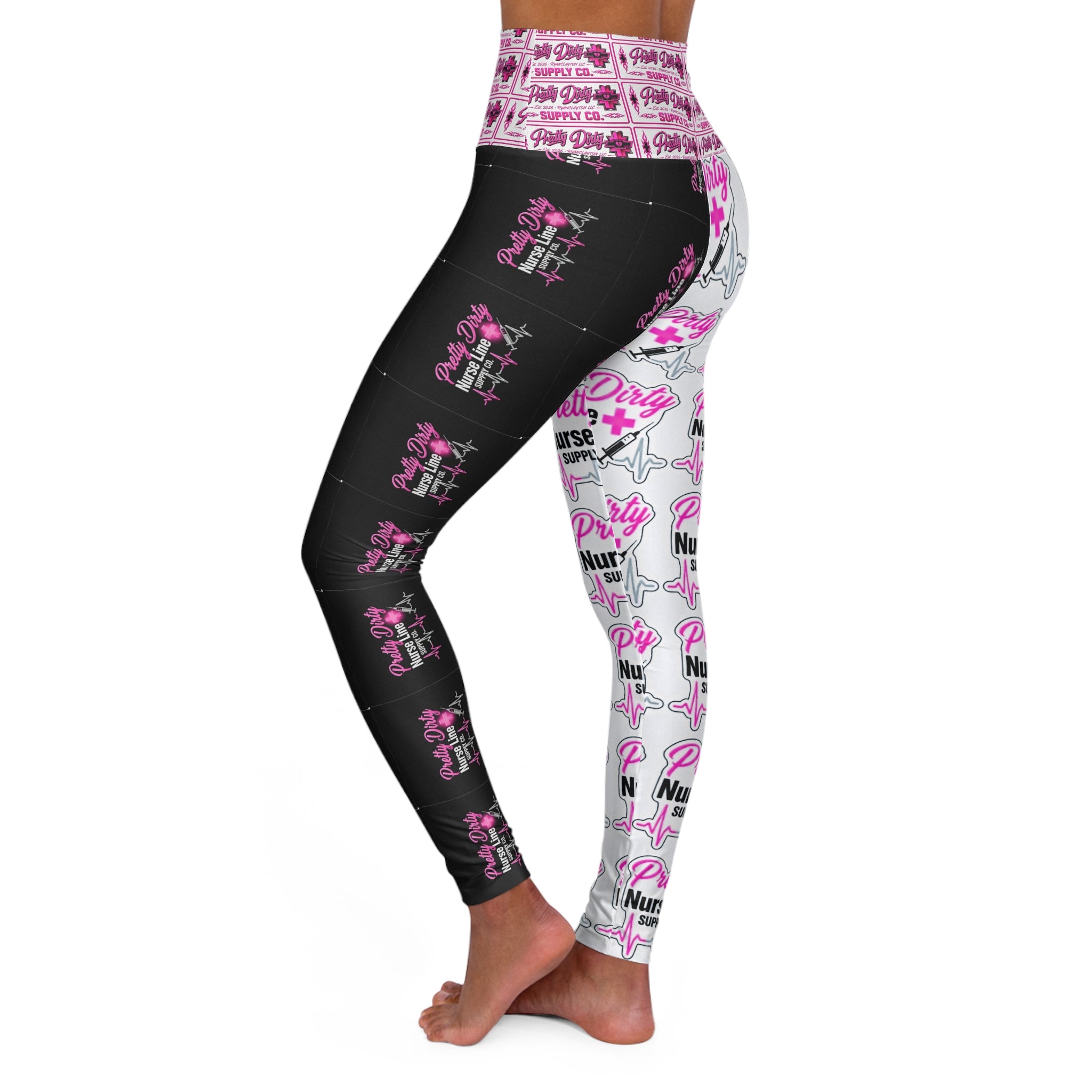 Pretty Nurse Support High-Waisted Yoga Leggings - Pink & Black All-Over Print