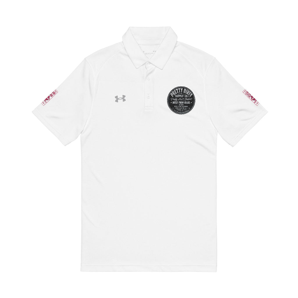 Embroidered Men's Performance Polo — White Under Armour Style (Circular Chest Crest)