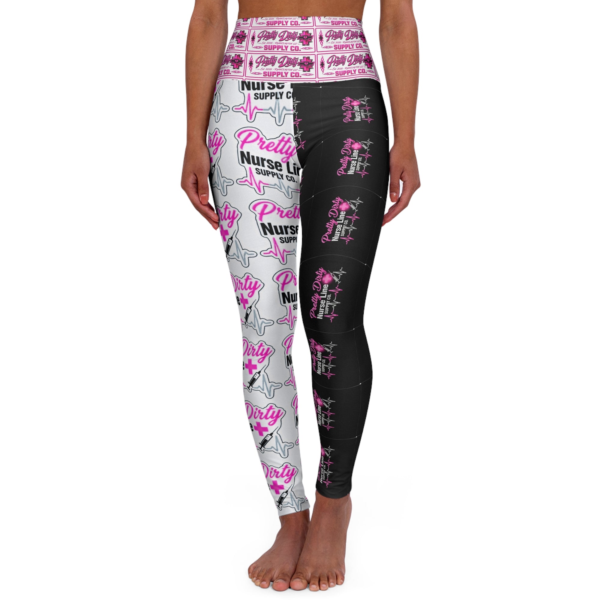 Pretty Nurse Support High-Waisted Yoga Leggings - Pink & Black All-Over Print